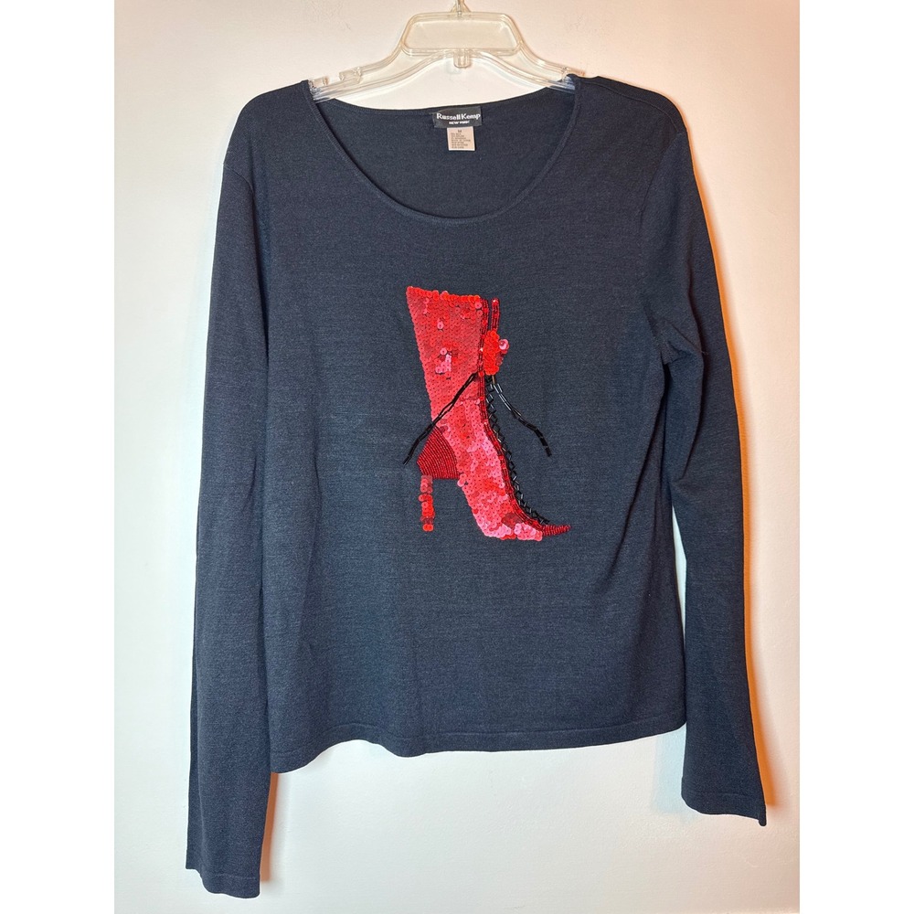 Russell Kemp Silk Blend Sequin Red Boot Top Navy Blue Long Sleeve Womens Medium
